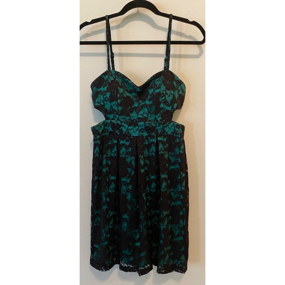 Material Girl Teal & Black Lace Overlay Fit & Flare Dress Zipper Back Medium